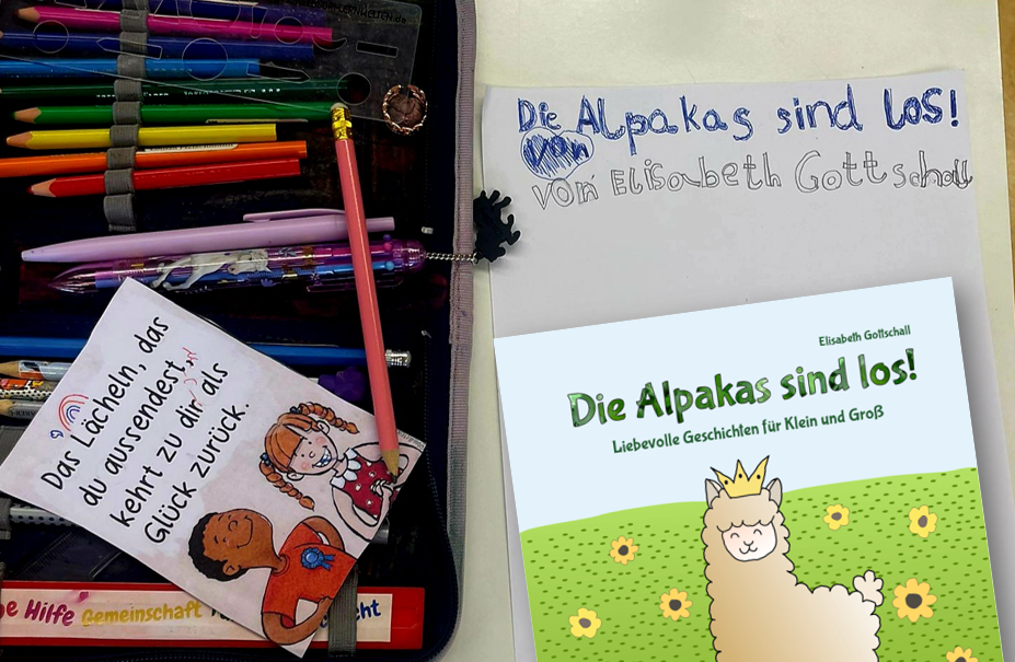 Foto Kinderzeichnung mit Buch "Die Alpakas sind los!"